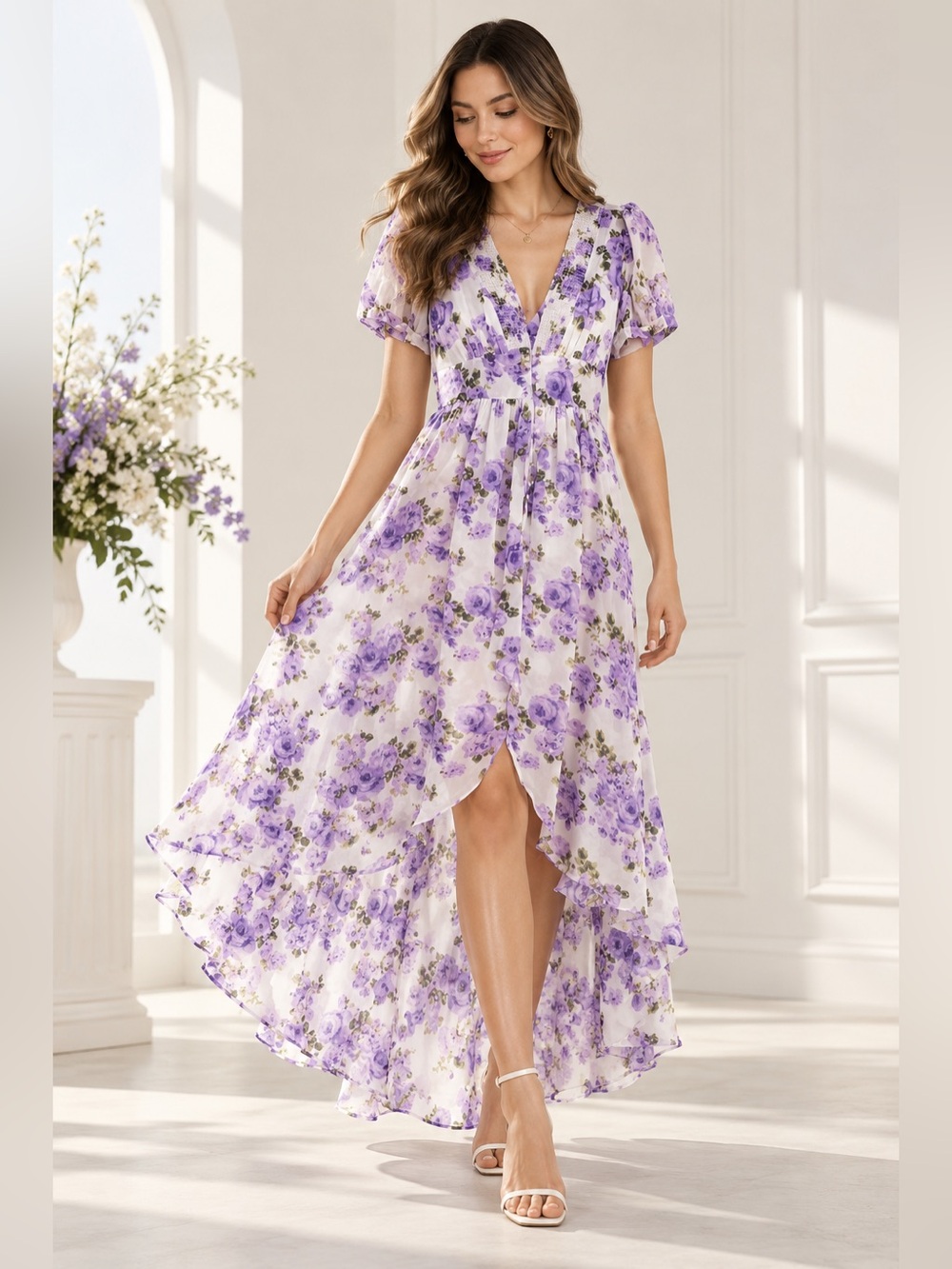 Forever 21 Purple Floral Sheer High-Low Maxi Dress Size Small
